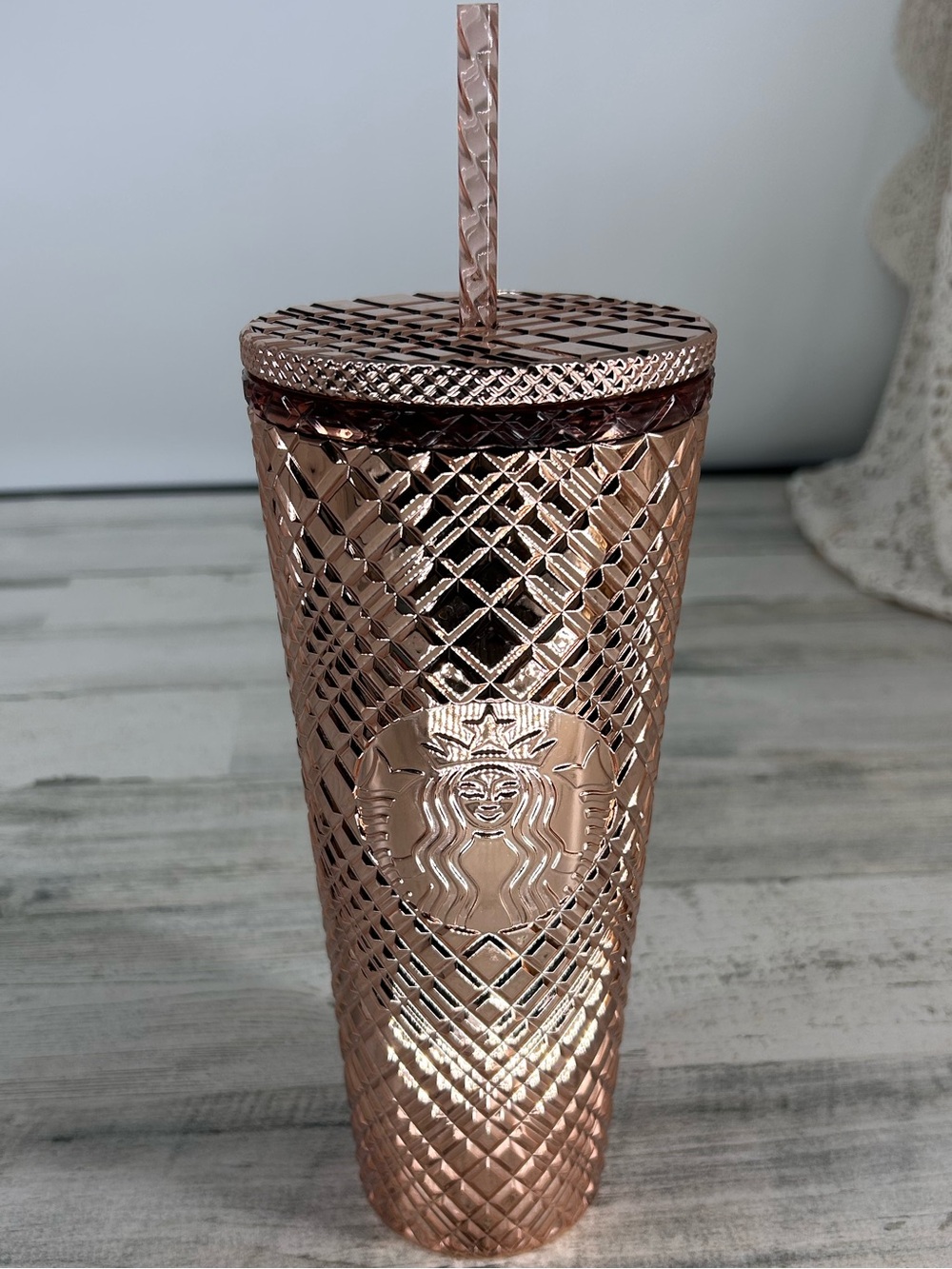 Starbucks Venti 24oz 2021 Metallic Rose Gold Tumbler Cold Cup W/ Lid & Straw NEW